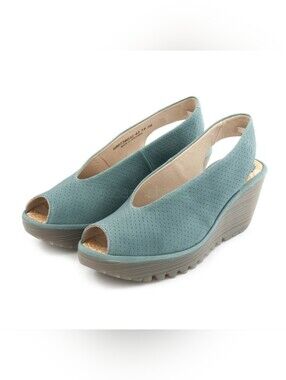 Fly London Teal Blue Open-Toe Perforated Slingback Wedges